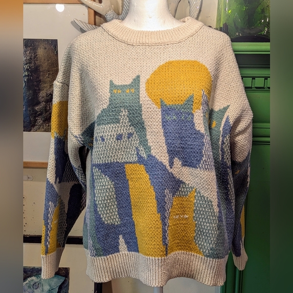 Source Unknown Sweaters - Vintage Cream Sweater with Blue, Green and Yellow Cat Motif